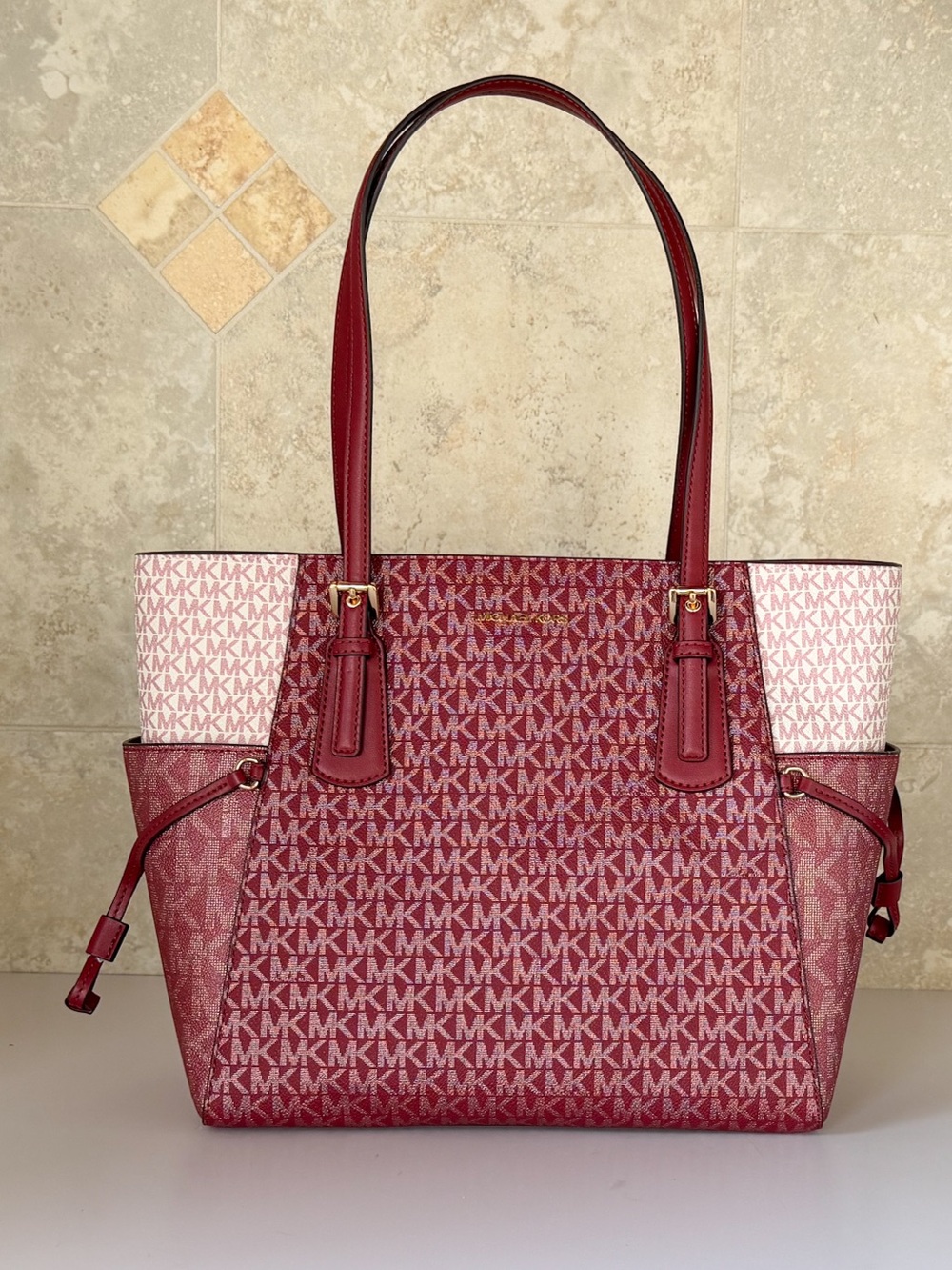 Michael Kors Voyager Drawstring Tote Shoulder Bag MK Gold Glitter Cherry